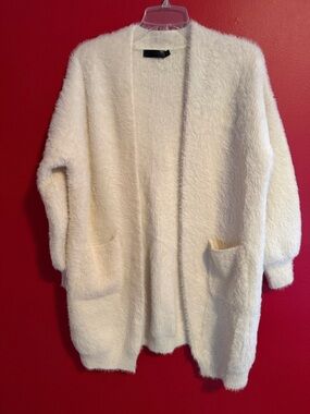 Fuzzy Eyelash Knit Off-White Duster Open Front  Cardigan by Janice Apparel